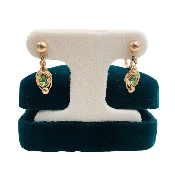 VTG 14k Gold Plated Dangle Earrings Green Zircon December Birthstone Clip-on - Picture 1 of 12